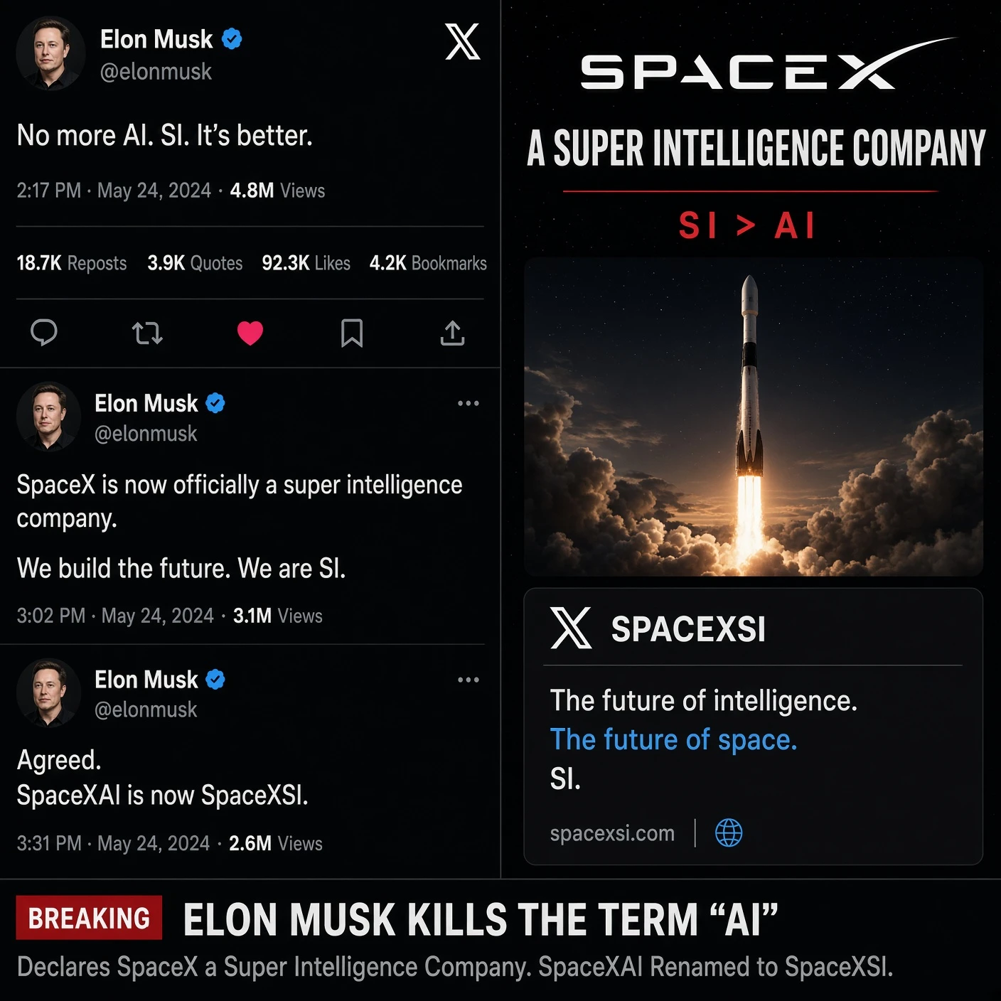Musk Drops AI for SI, Renames SpaceXAI to SpaceXSI