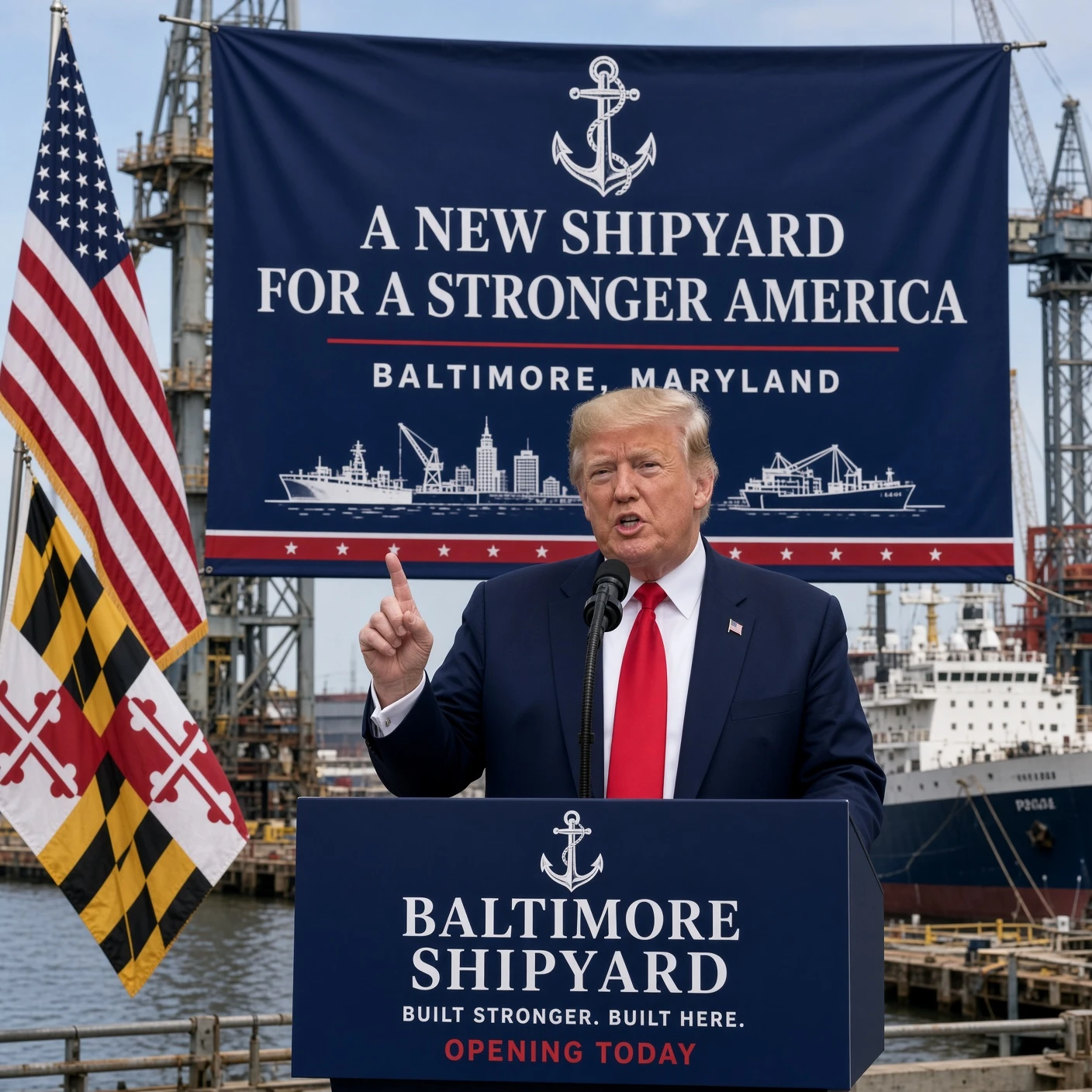 Trump opens the largest American shipyard since the Second World War.