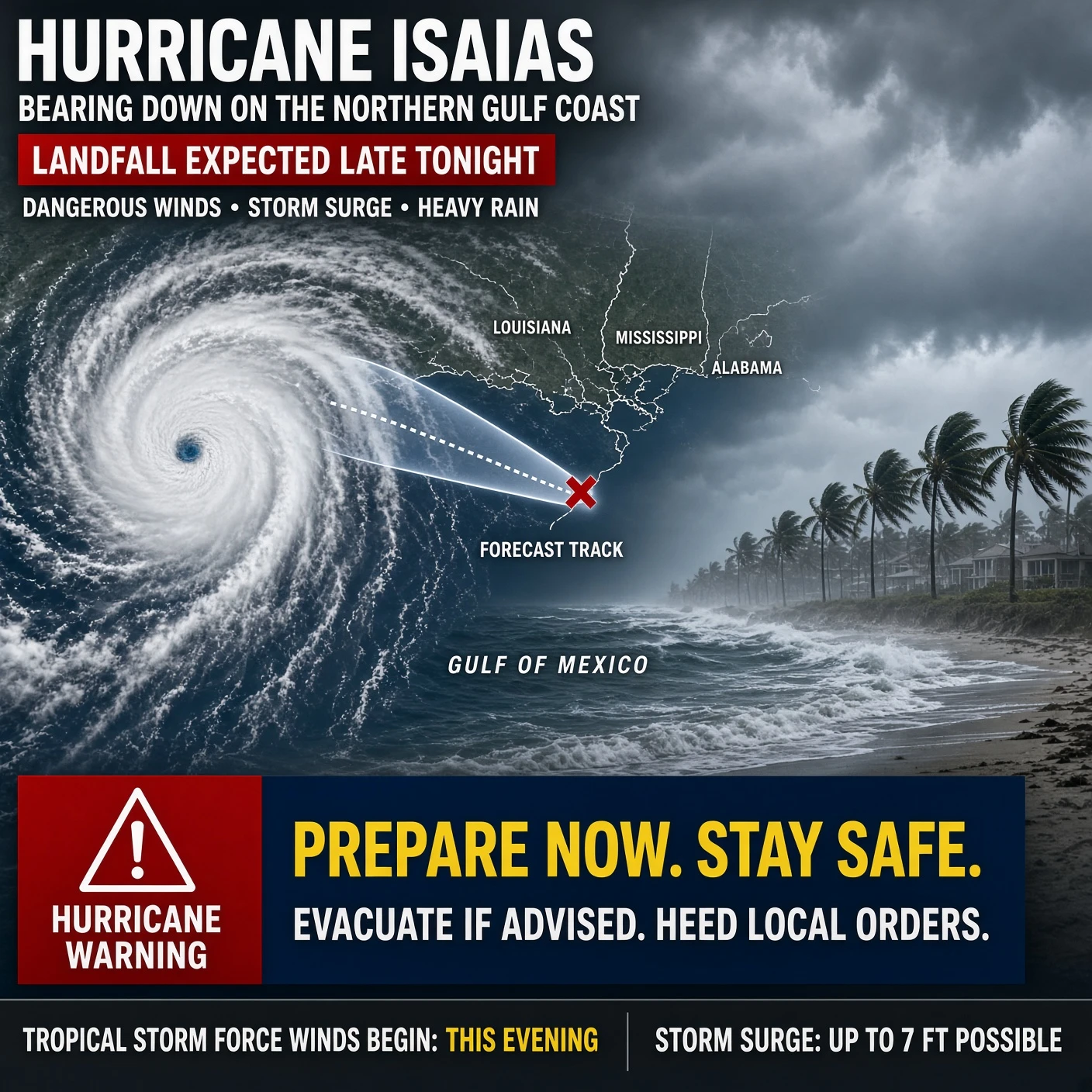 Hurricane Isaias nears Gulf landfall with surge, rain, and wind.