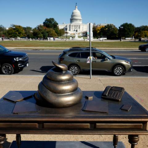Park Service-approved anti-Trump statue w/ poop-topped Pelosi desk on Jan 6 appears on National Mall