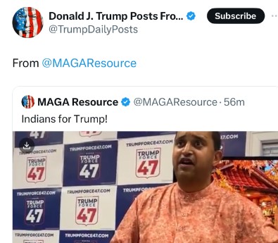 President Trump shares VFAF’s Kartik Bhatt on his Truth Social X account