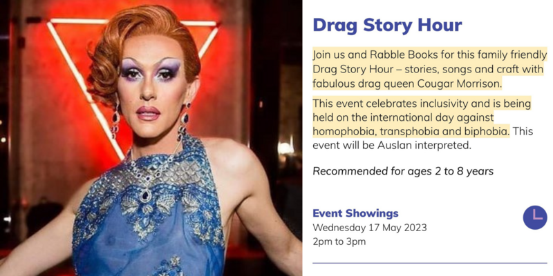 Drag Queen Story Hour for 2-year-olds featuring adult performer called 'Cougar' sells out in Perth, Australia