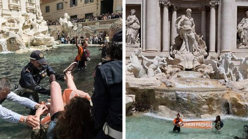 BREAKING: Climate activists defile Trevi Fountain in Rome with black dye