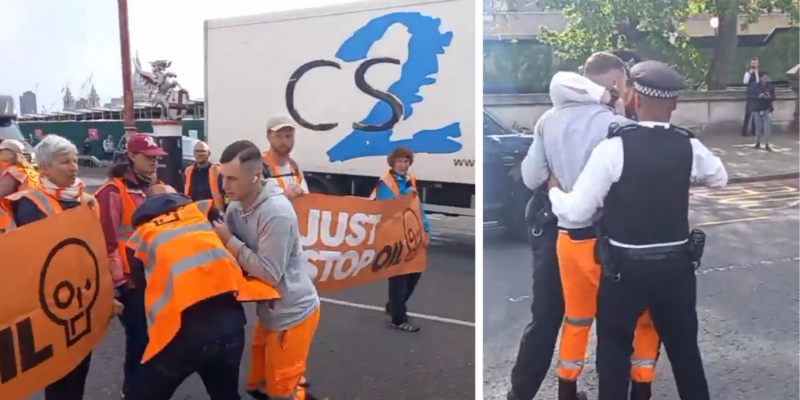 Police arrest man who tries to remove environmental activists from stopping London traffic–let protestors continue blocking streets