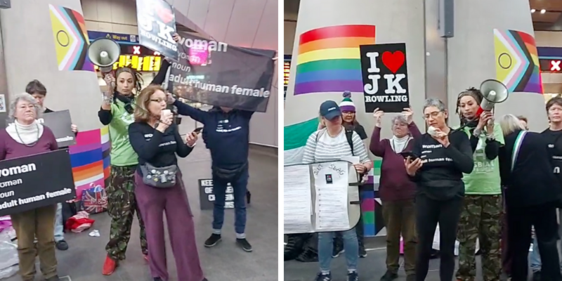 UK women's rights group protests 'Pride Pillar' at London Bridge rail station