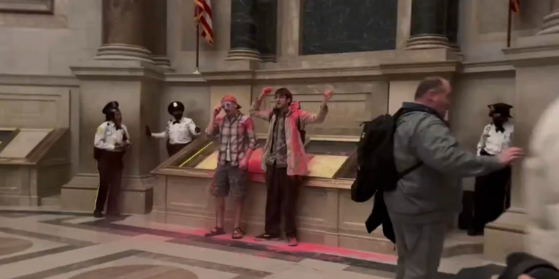 JOBOB: US Constitution display case defiled with pink powder by climate protesters 