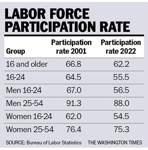 Table titled 'Labor Force Participation Rate' comparing 2001 and 2022 participation rates by group, including men and women aged 16-24 and 25-54. Source: Bureau of Labor Statistics.