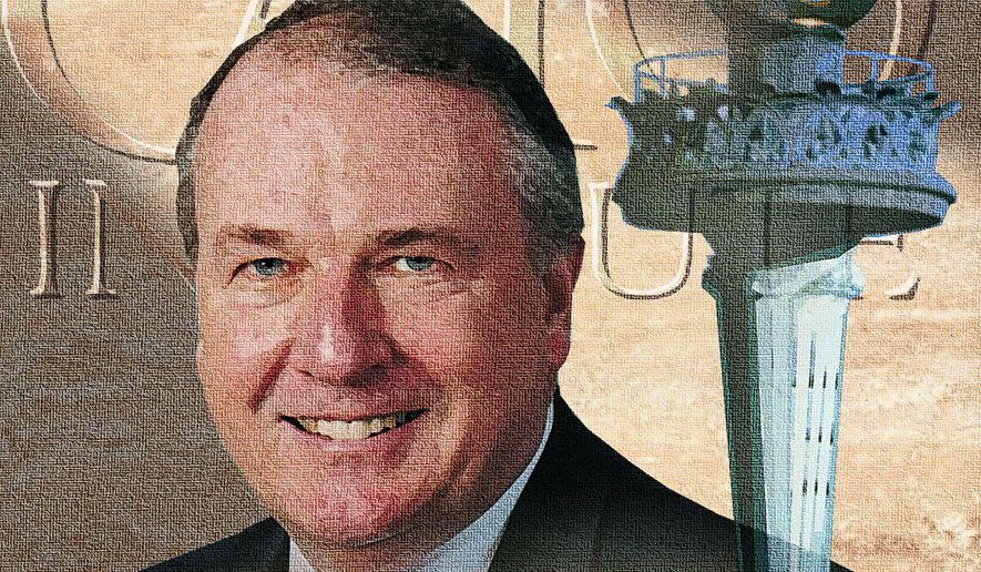 Portrait photograph of a smiling older man in a dark suit, set against an illustrated classical column backdrop.