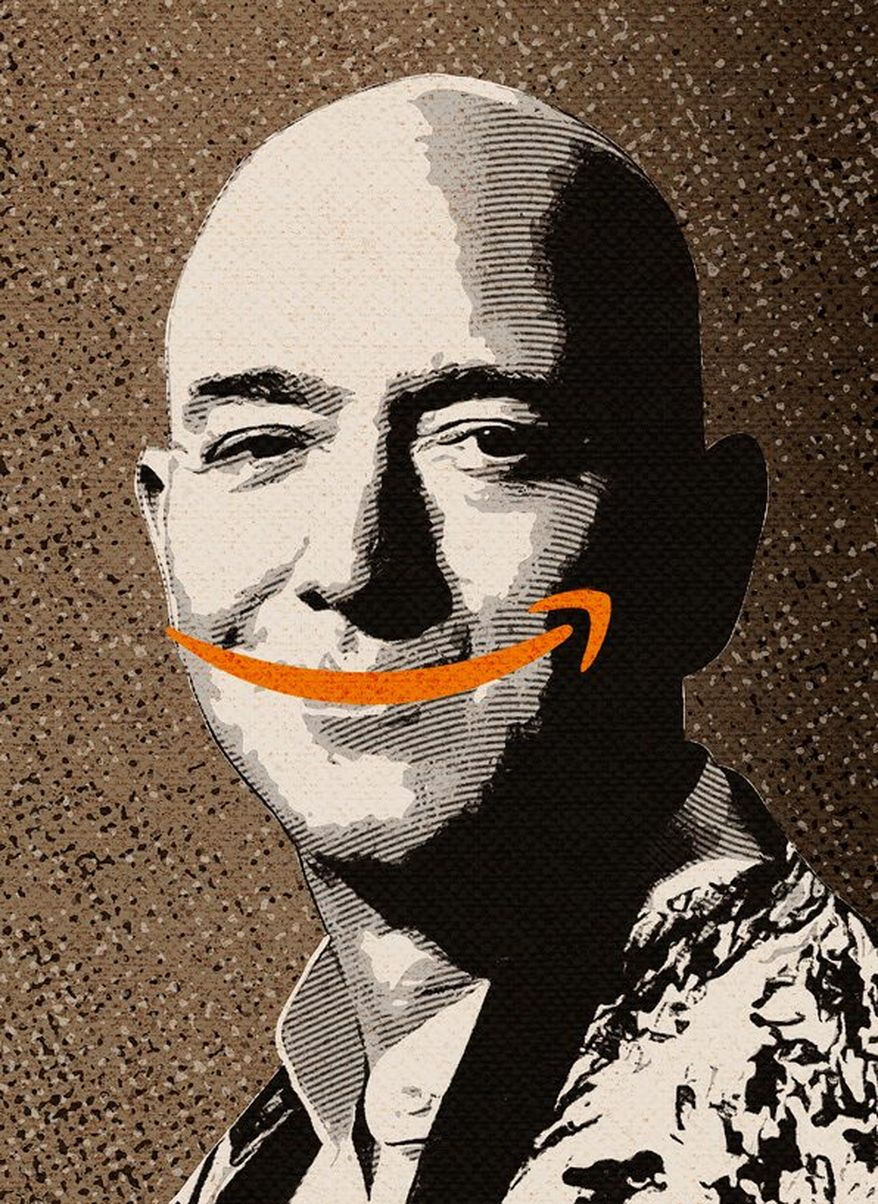 Editorial illustration of Jeff Bezos with the orange Amazon smile logo across his mouth.