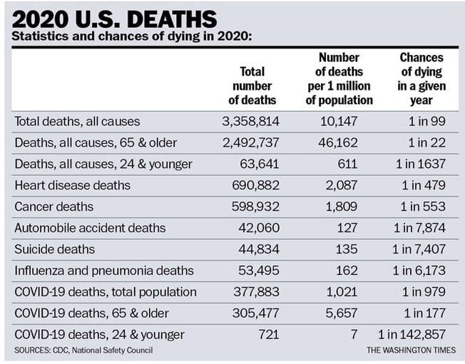 Table titled '2020 U.S. Deaths' listing total deaths and the annual chance of dying from causes including heart disease, cancer, accidents and COVID-19, by age group. Sources: CDC, National Safety Council.