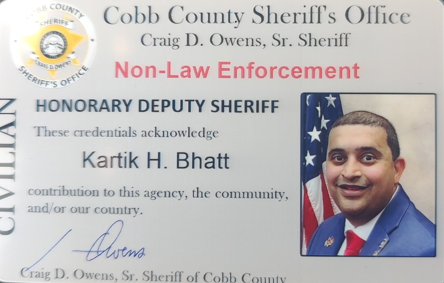 VFAF Georgia Deputy Political Director Kartik Bhatt Sworn in as Cobb County Honorary Sheriff’s Deputy