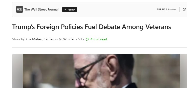 VFAF quoted by Wall Steet Journal defending President Trump’s Foreign Policy being debated by Veterans