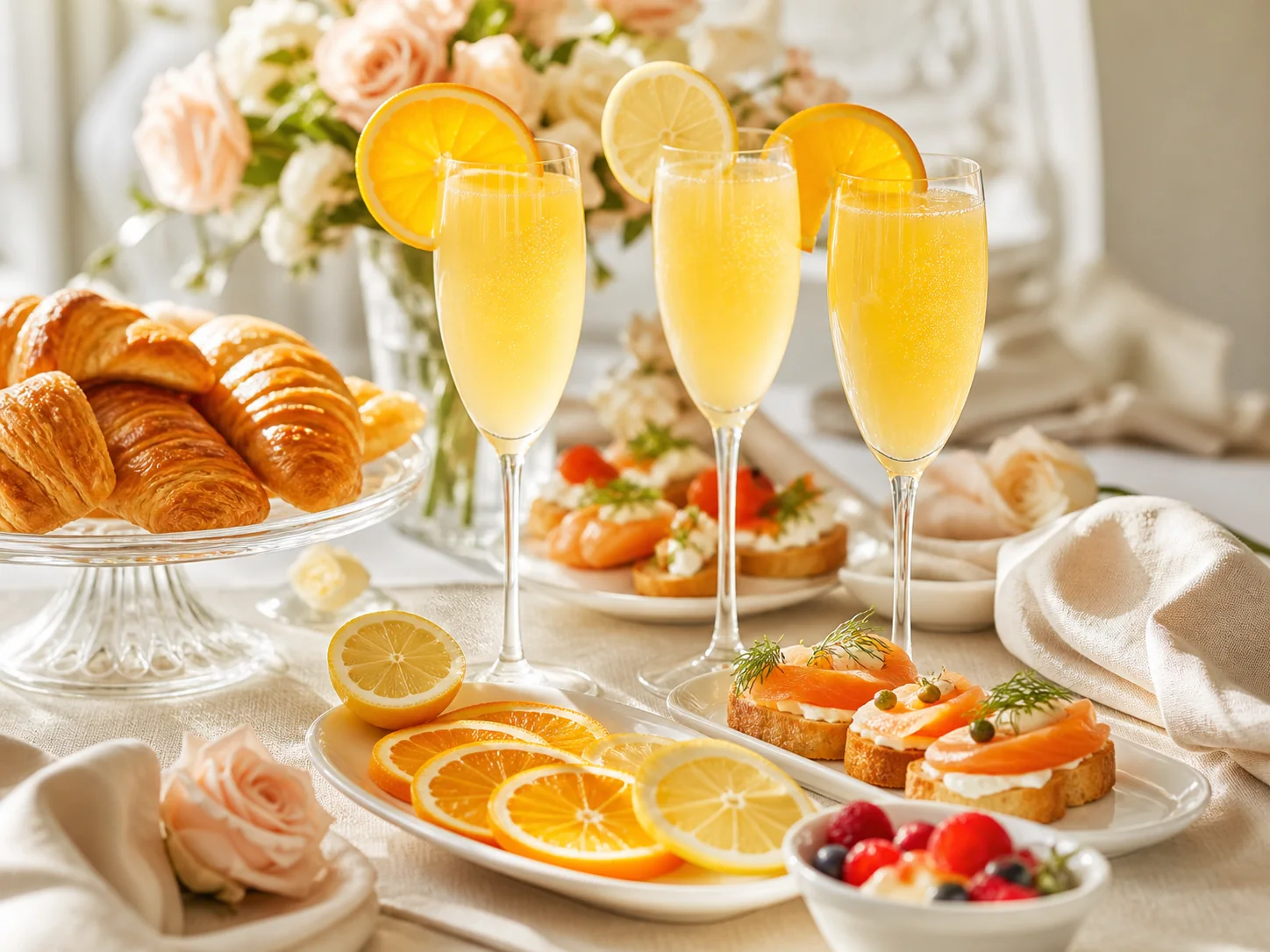 Mimosas, fresh citrus, pastries and gourmet brunch bites in bright morning light.