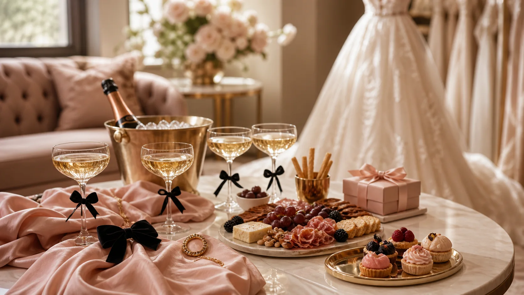 Prosecco, blush satin, black bows, charcuterie and desserts arranged in a private bridal salon.