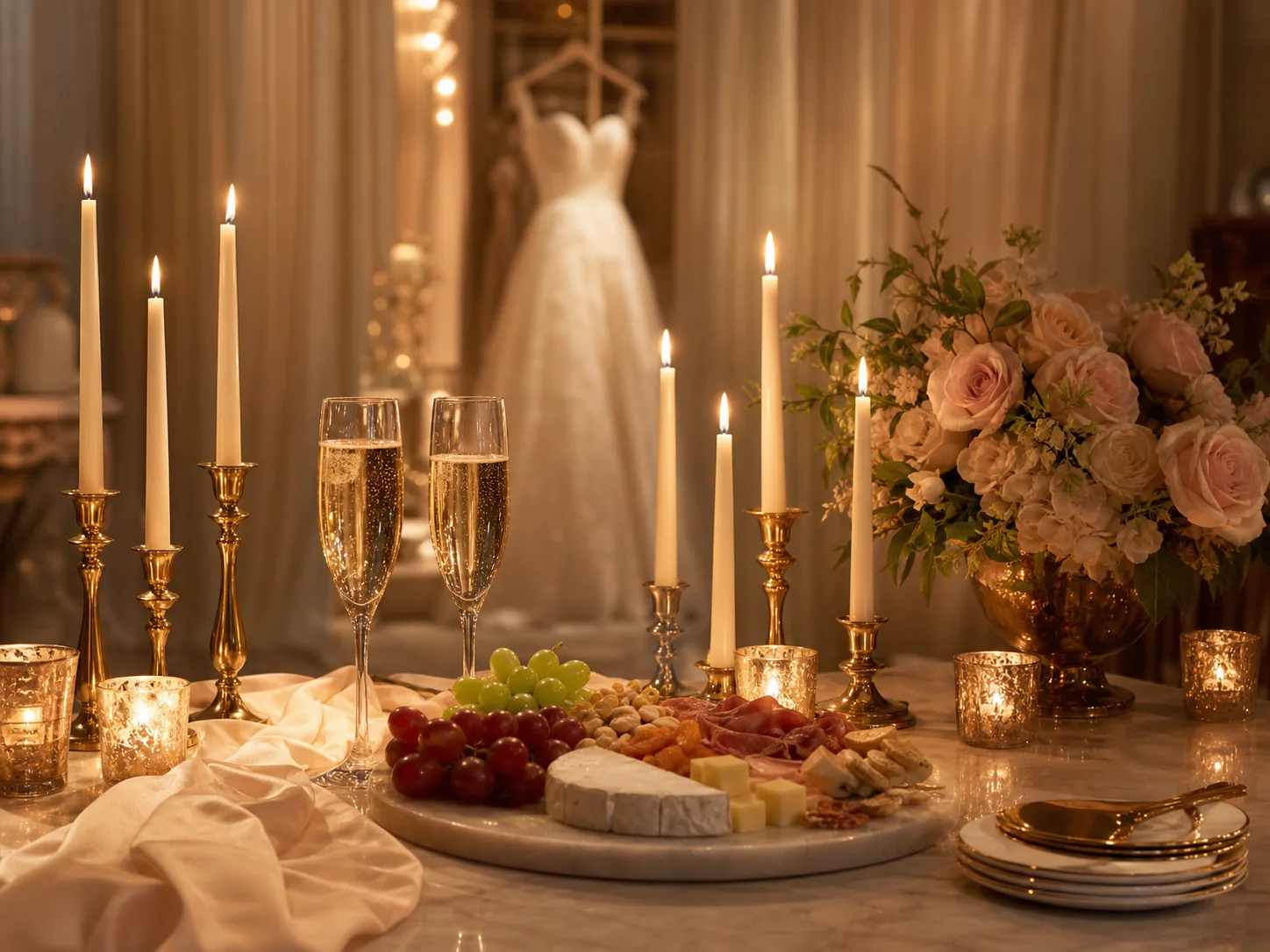 Warm taper candles, champagne and charcuterie in an intimate bridal salon.