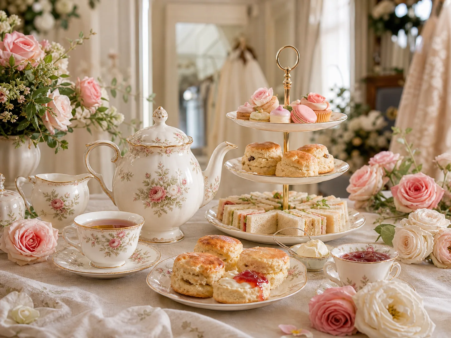 Floral porcelain tea service, finger sandwiches, scones and roses on an elegant bridal tea table.