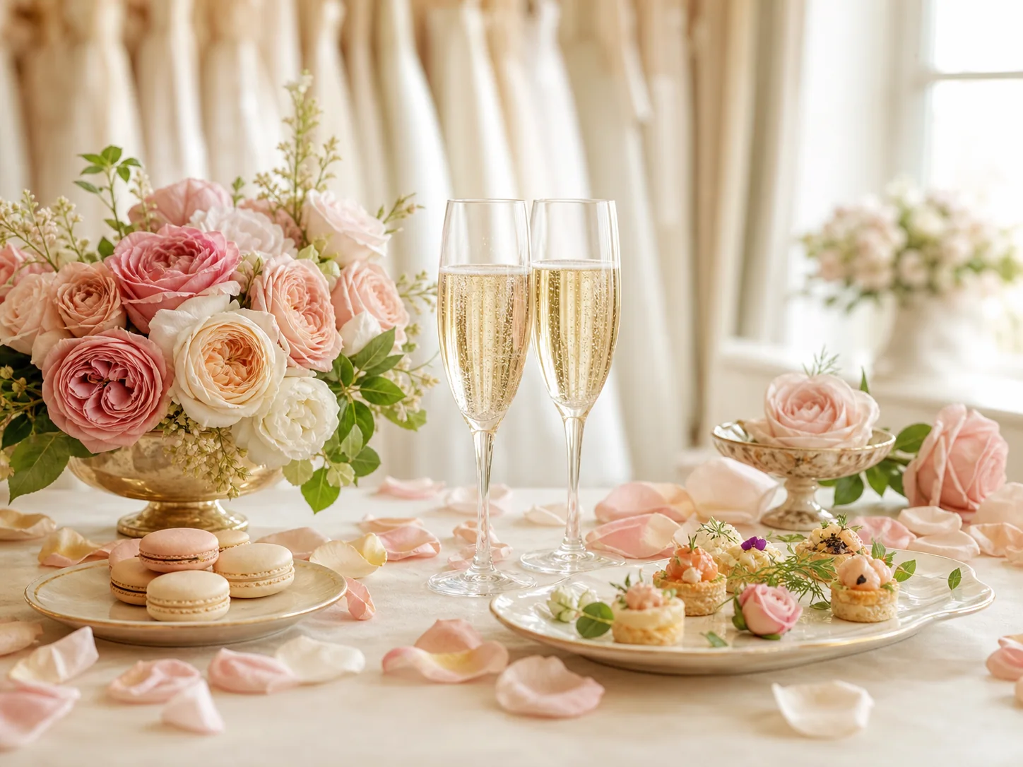 Prosecco flutes, garden roses, macarons, light bites and scattered blush petals.