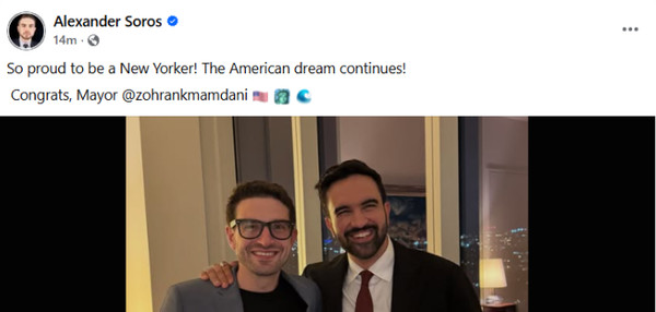 Alex Soros Posts Photo With Mamdani After His Victory 