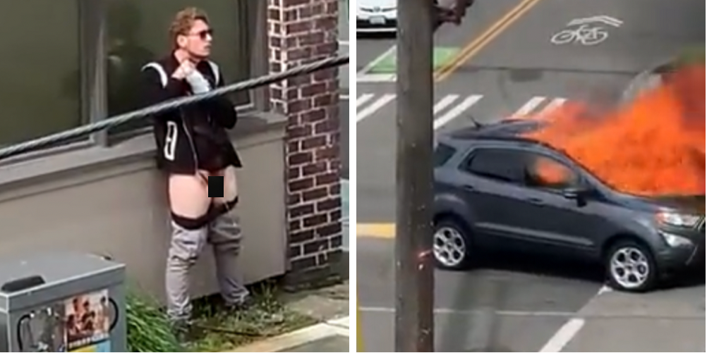 WATCH: Seattle man with self-inflicted knife wound exposes himself after setting car on fire