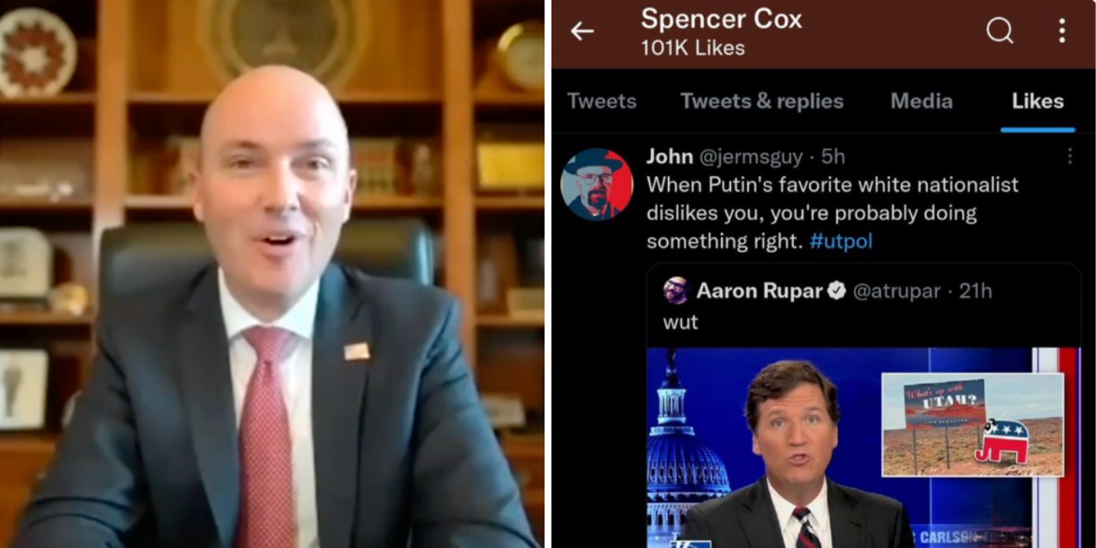 Utah's woke Republican Governor likes tweet calling Tucker Carlson 'Putin's favorite white nationalist'