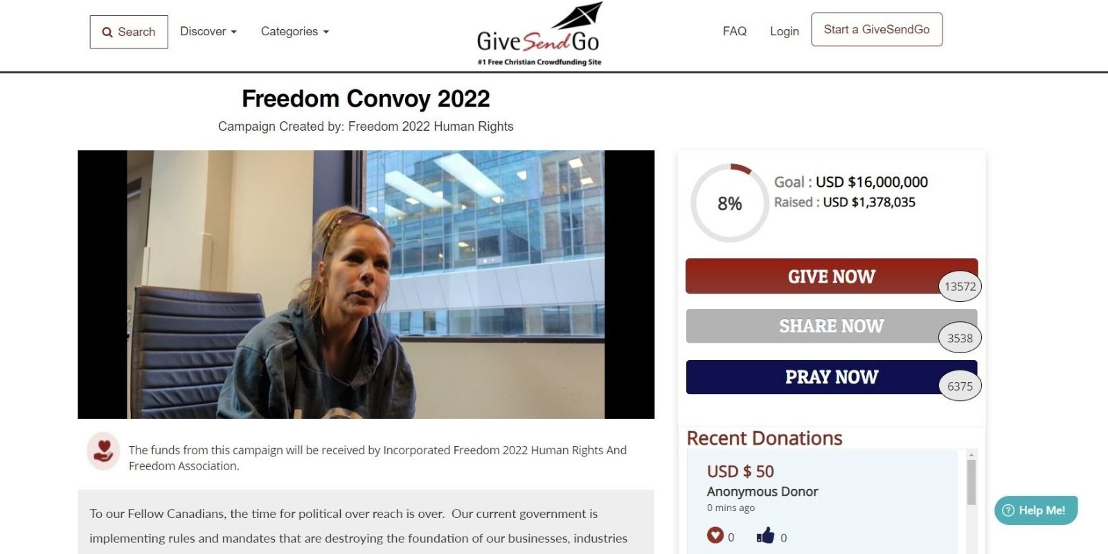 GiveSendGo campaign for Freedom Convoy truckers raises over $1 million in ONE DAY after GoFundMe shutdown