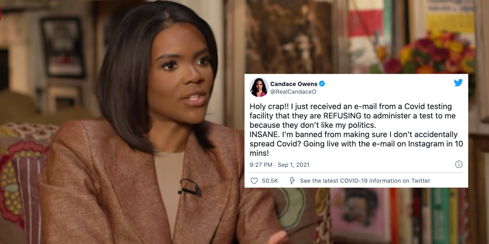 Candace Owens denied service by COVID testing center due to her views on masking, vaccinations