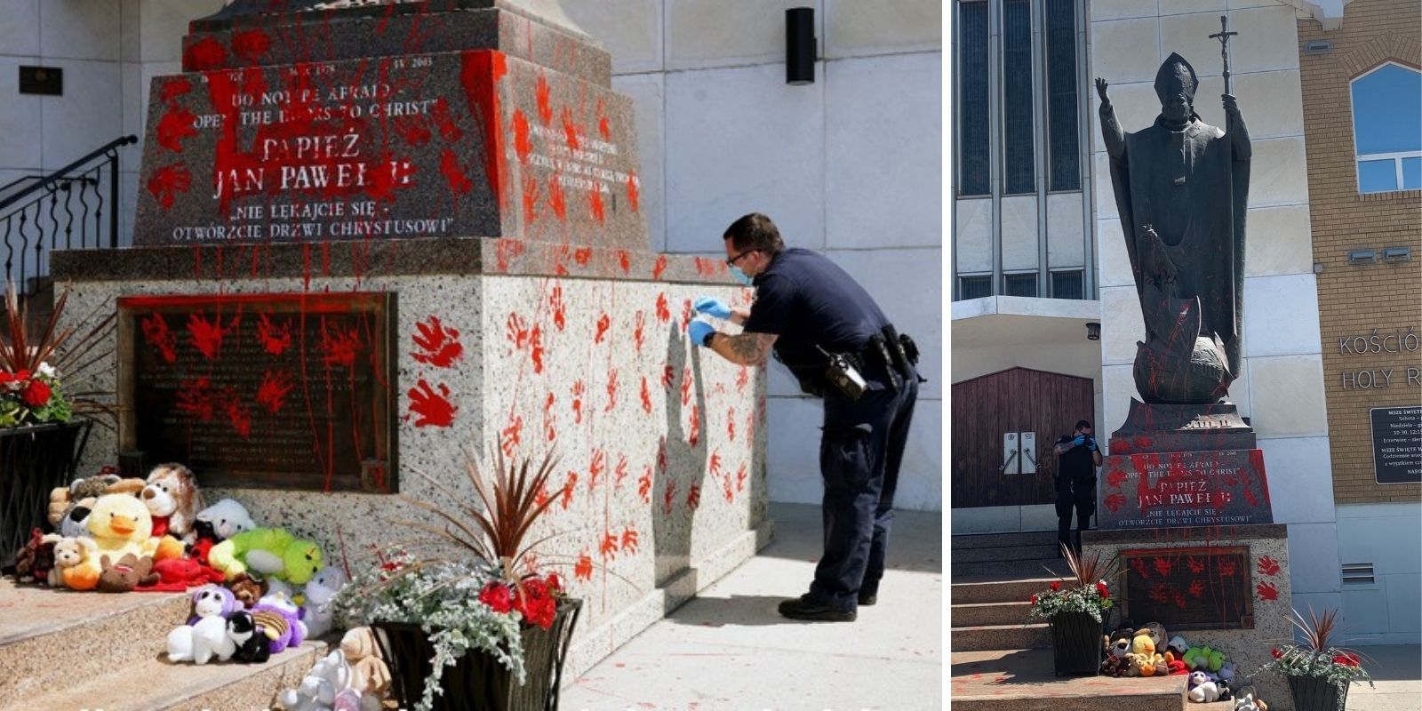 Pope John Paul II statue vandalized with red paint at Edmonton Catholic
