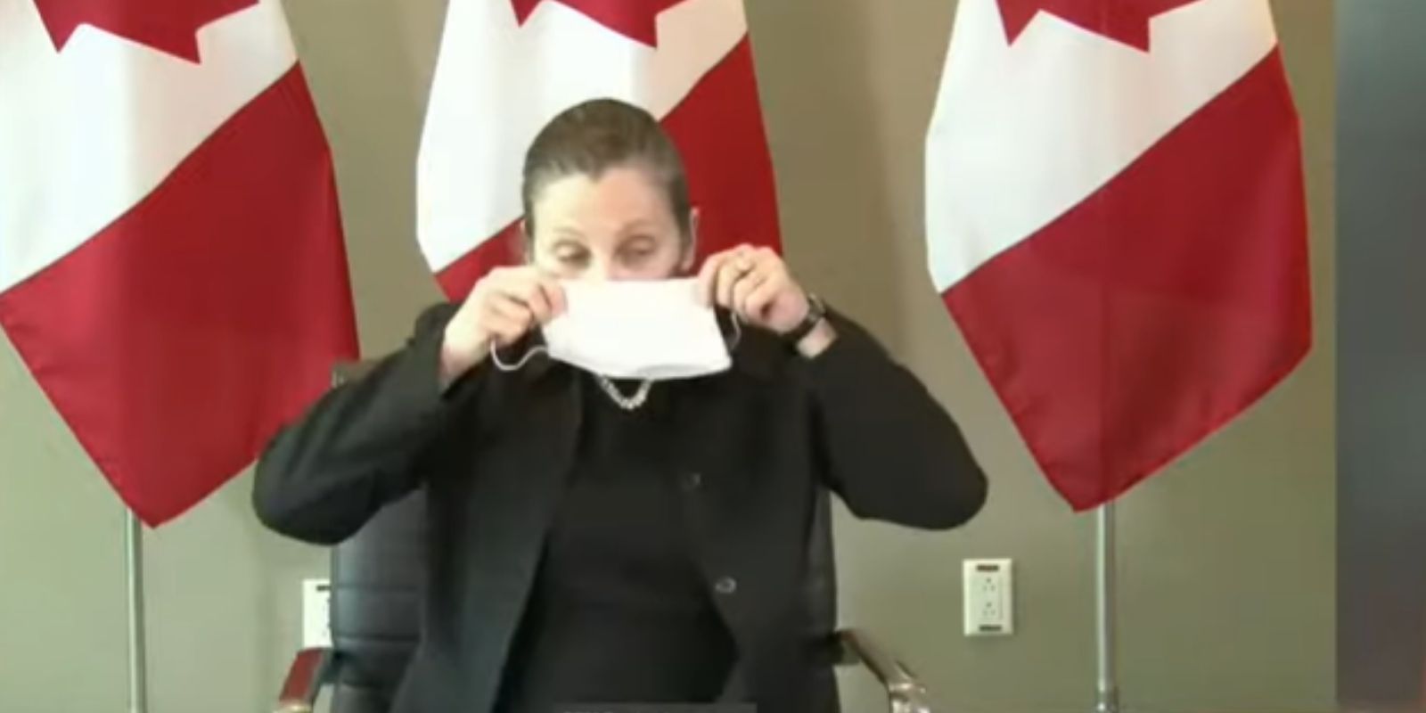 WATCH: Trudeau's deputy PM PANICS and puts on mask for the cameras