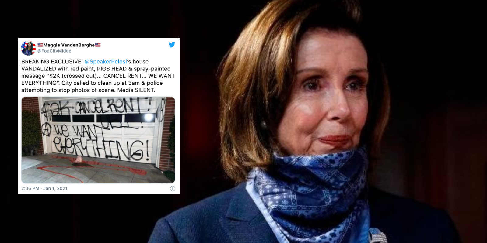 Nancy Pelosi's home vandalized with fake blood and pig's head The