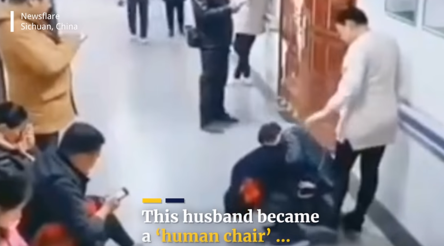 WATCH: Husband becomes human chair for pregnant wife