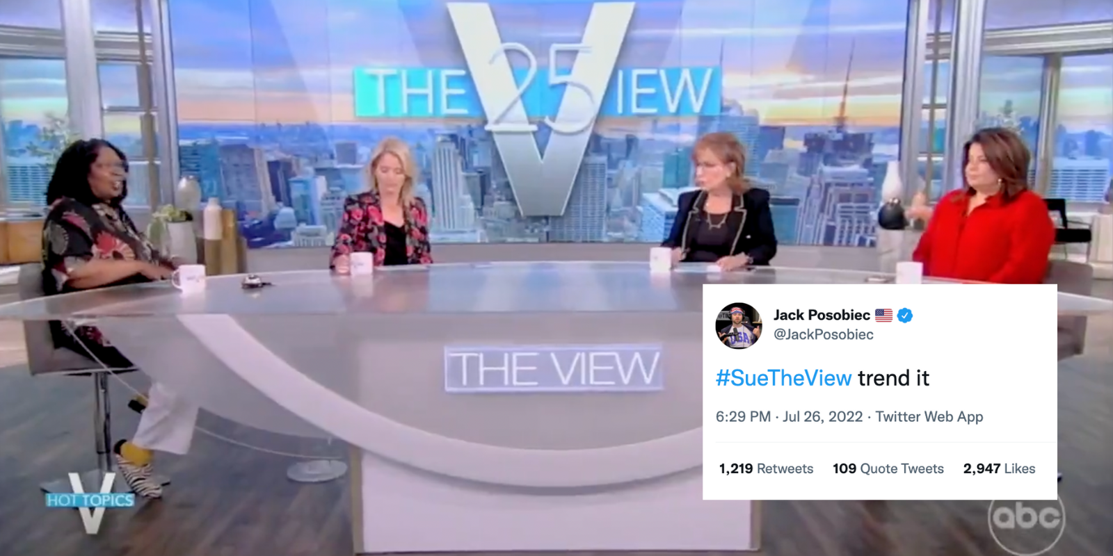 #SUETHEVIEW trends on Twitter after TPUSA threatens legal action against ABC over Nazi smear