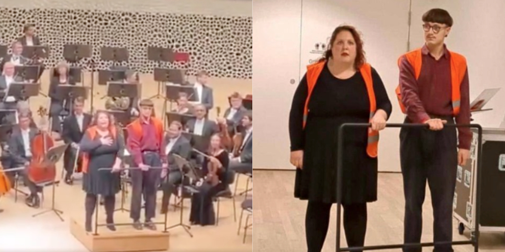Eco-radicals moved after they glue hands to REMOVABLE stand at concert hall