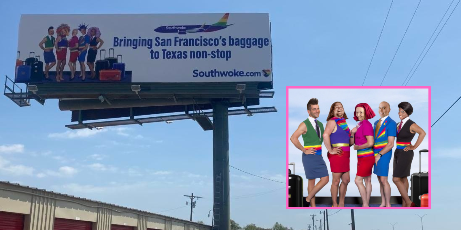 EXCLUSIVE: ‘Southwoke Airlines’ billboard appears in Dallas/Ft. Worth area for April Fool’s Day, mocking woke airline with images of their execs in drag