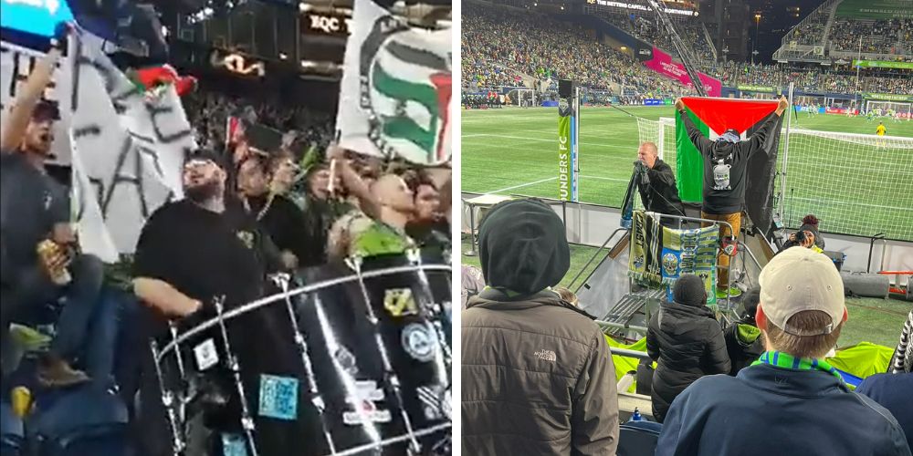 EXCLUSIVE: Seattle Sounders fans wave pro-Palestinian Antifa flags, banners at soccer match