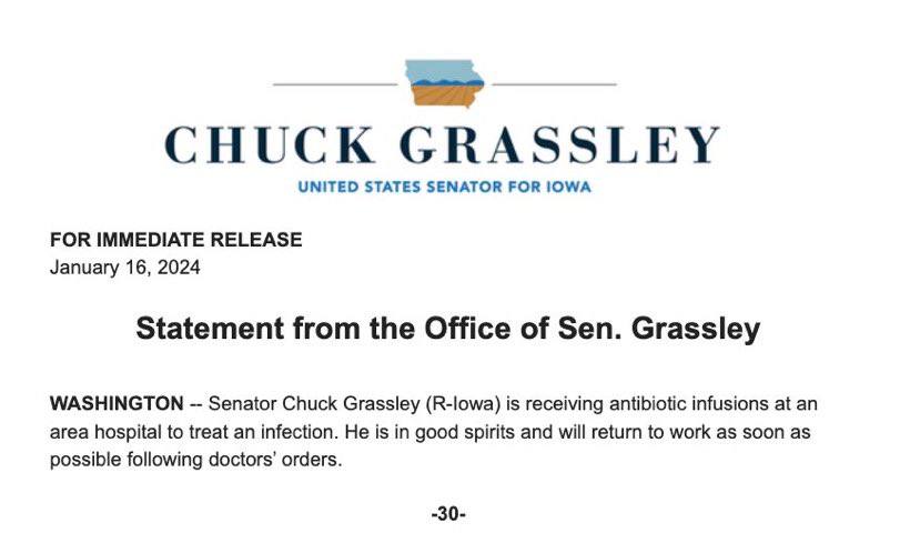 BREAKING: Chuck Grassley hospitalized to treat an infection | The Post