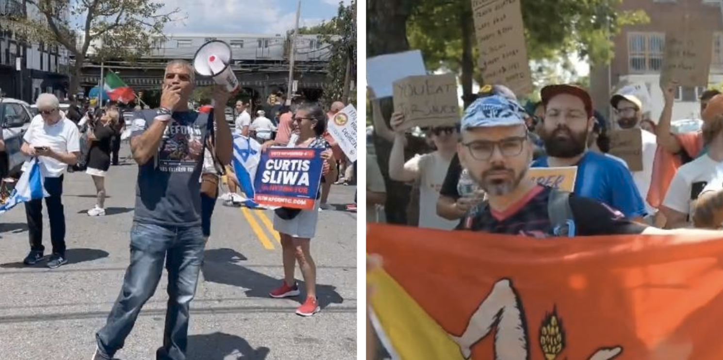 Demonstrators scream insults at each other during dueling protests outside Zohran Mamdani's Queens office