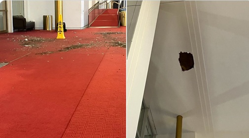 A clue? Falling chunk from ceiling of Kennedy Center foyer smashes red carpet