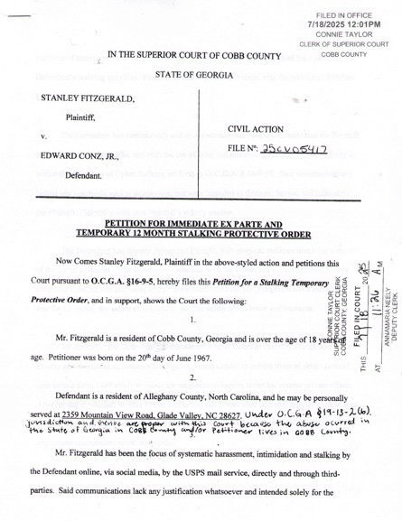 VFAF LEGAL STATEMENT RE: COURT ORDER received filed against Butch Conz– Statement from Jared Craig national VP and legal counsel of VFAF: