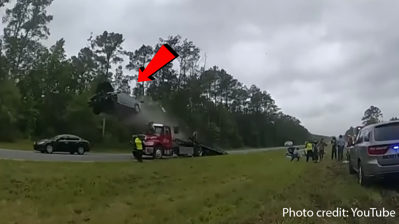Mom’s Car Soars in The Air After She Accidentally Drives Up Tow Truck Ramp